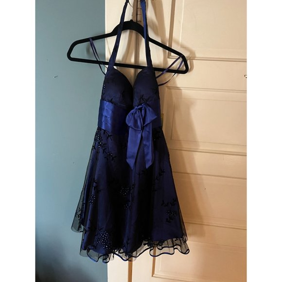 Jump Apparel Dresses & Skirts - NWT Deadstock Y2K Navy Blue Halter Dress with Black Flocked Floral Designs